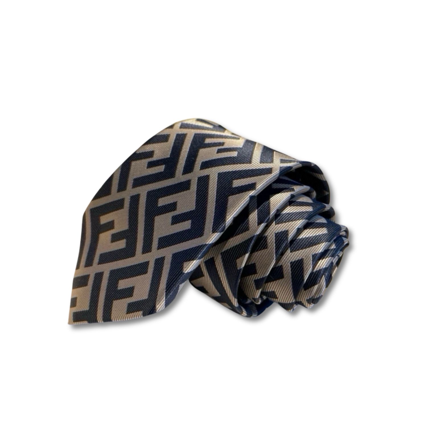 F**di FF Logo Silk Tie in Navy and Beige For Men