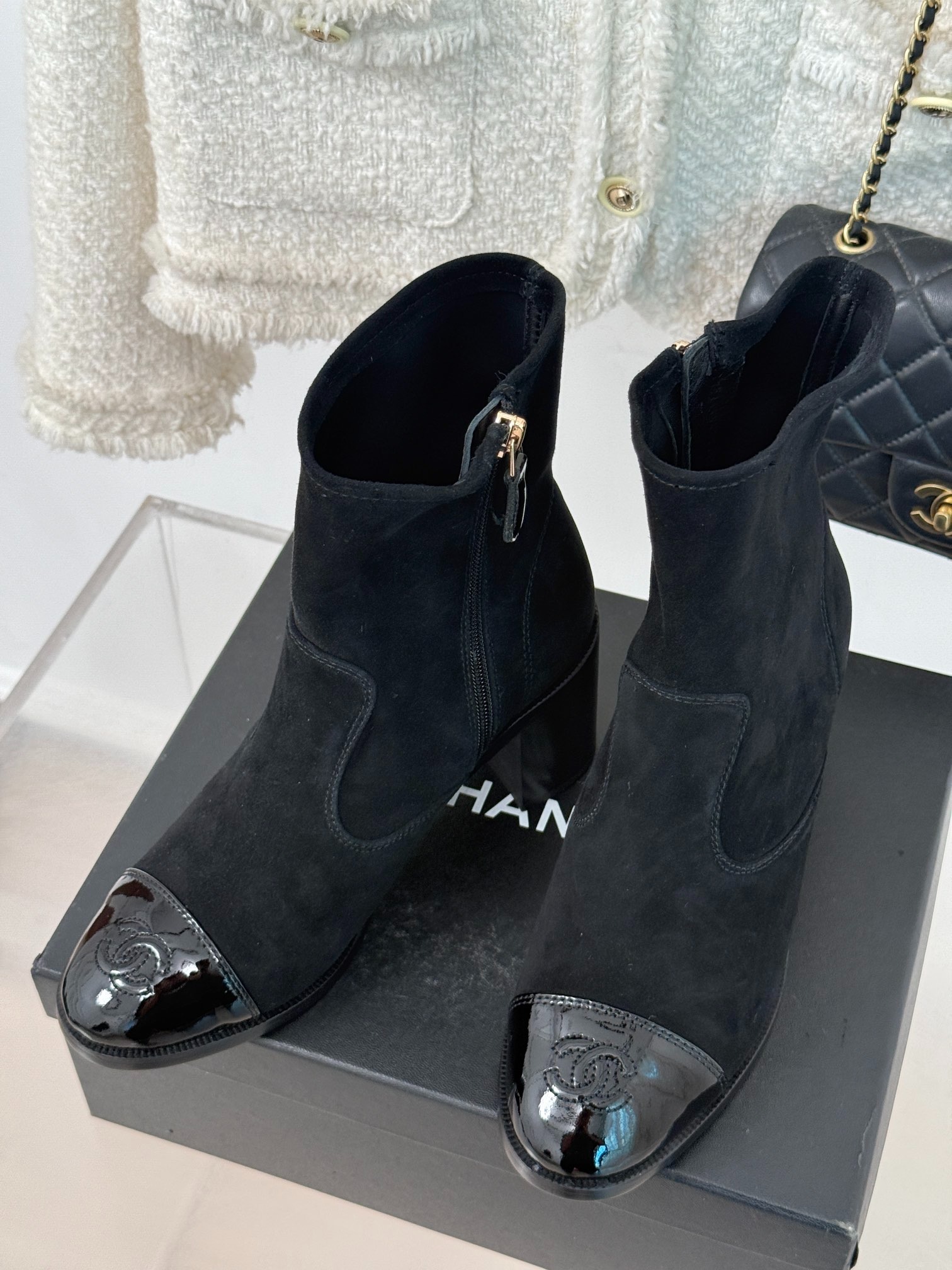 Ch**el Ankle Chunky Heel Boots Black 7cm/2.8in For Women