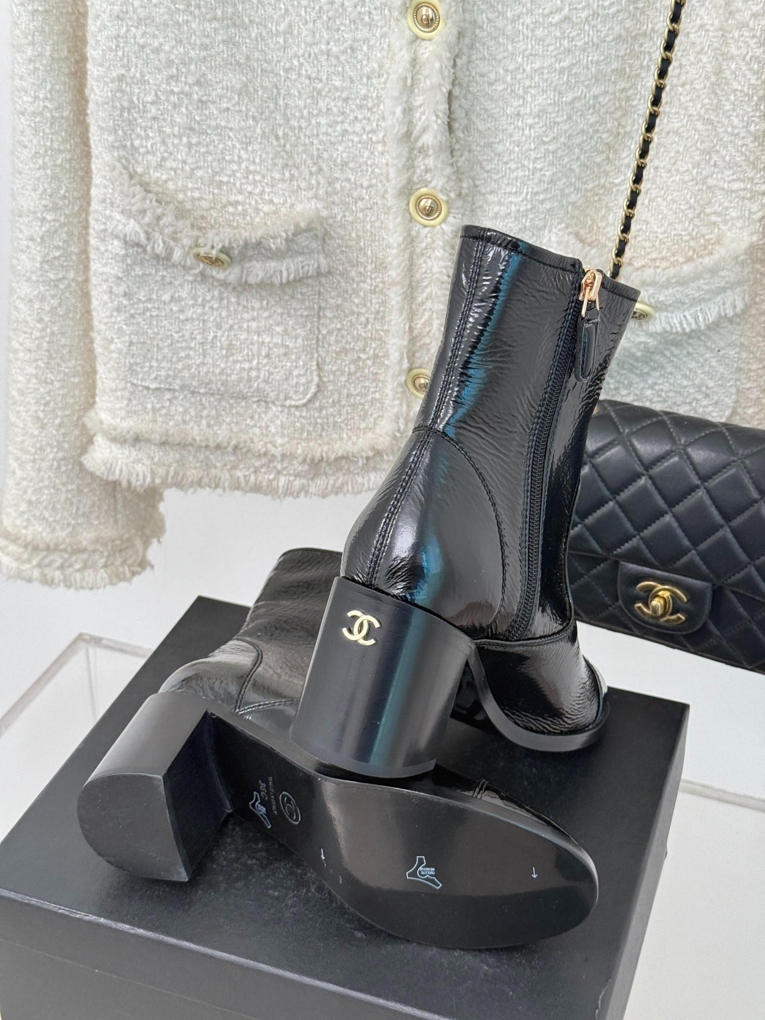 Ch**el Glossy Chunky Ankle Heel Boots Black 7cm/2.8in For Women