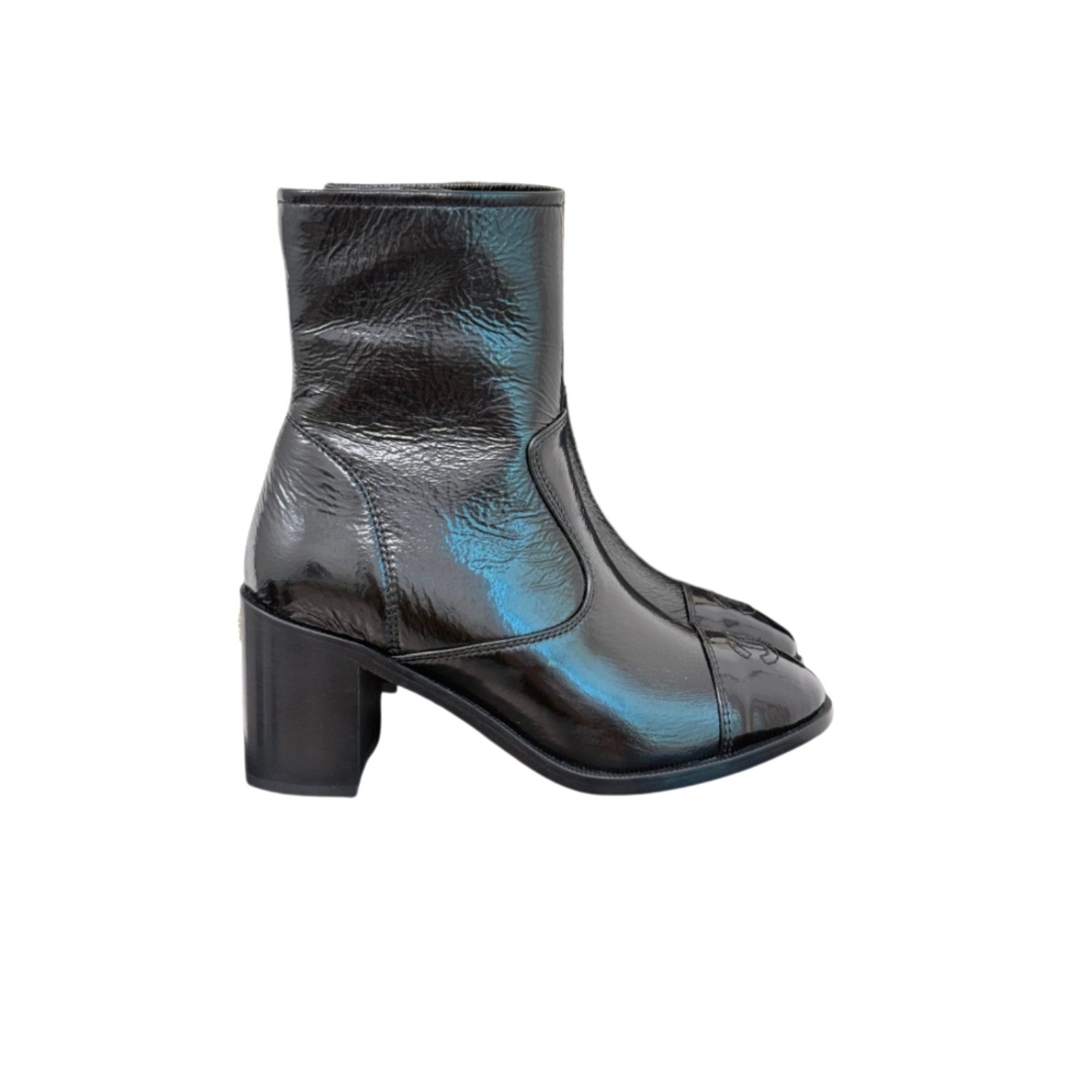 Ch**el Glossy Chunky Ankle Heel Boots Black 7cm/2.8in For Women