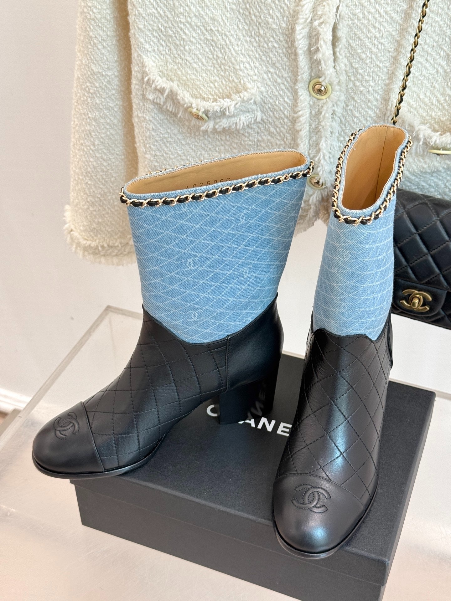 Ch**el Double C Chunky Heel Boots With Chain Detail Light Blue Denim For Women