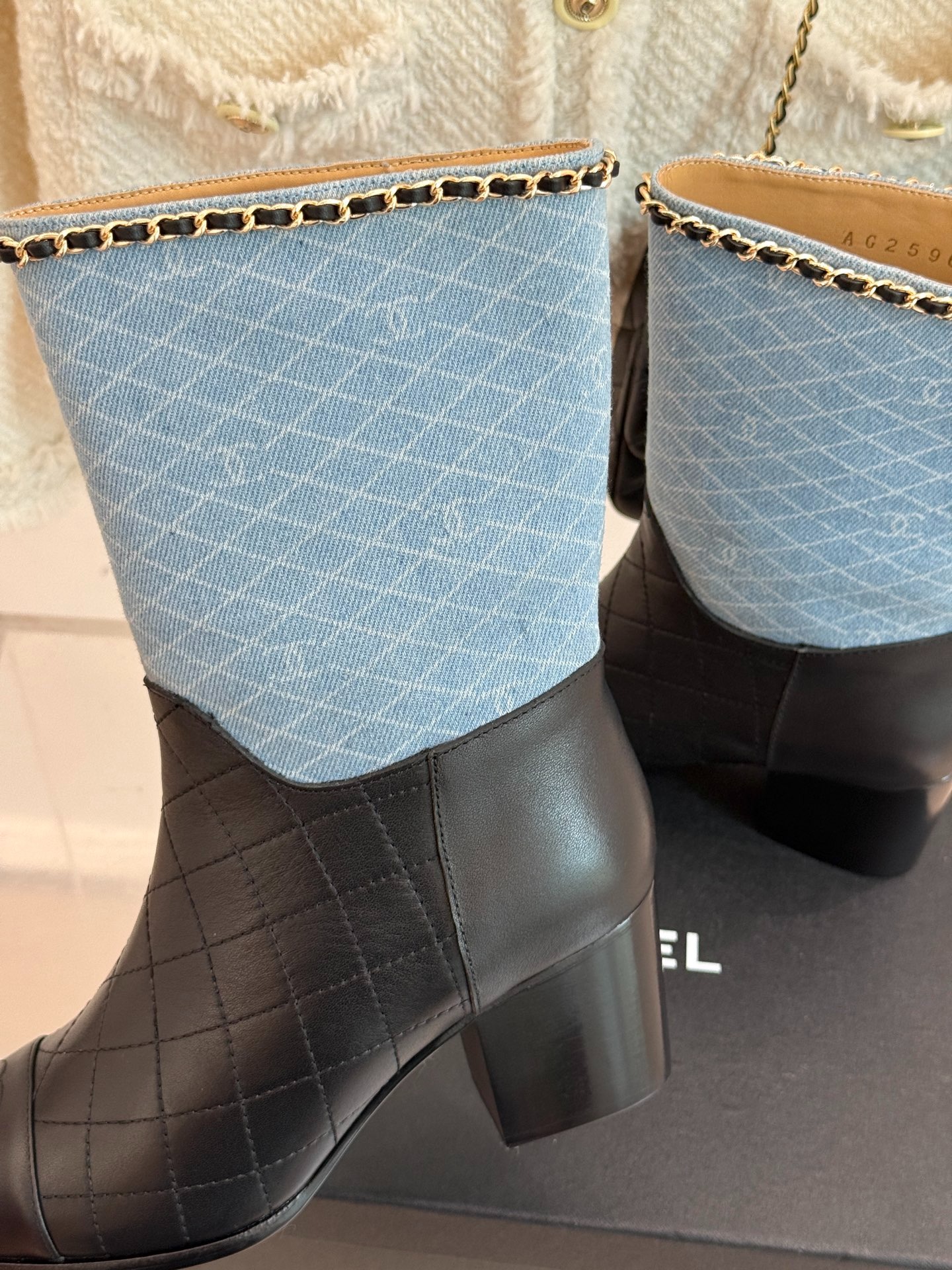 Ch**el Double C Chunky Heel Boots With Chain Detail Light Blue Denim For Women