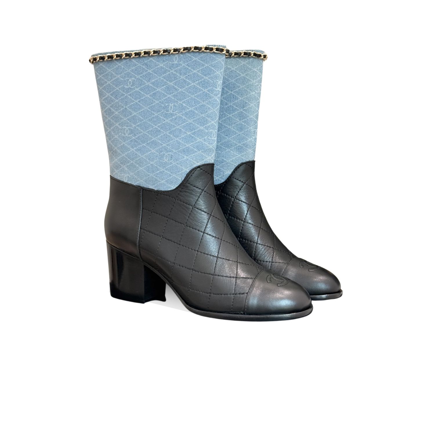 Ch**el Double C Chunky Heel Boots With Chain Detail Light Blue Denim For Women