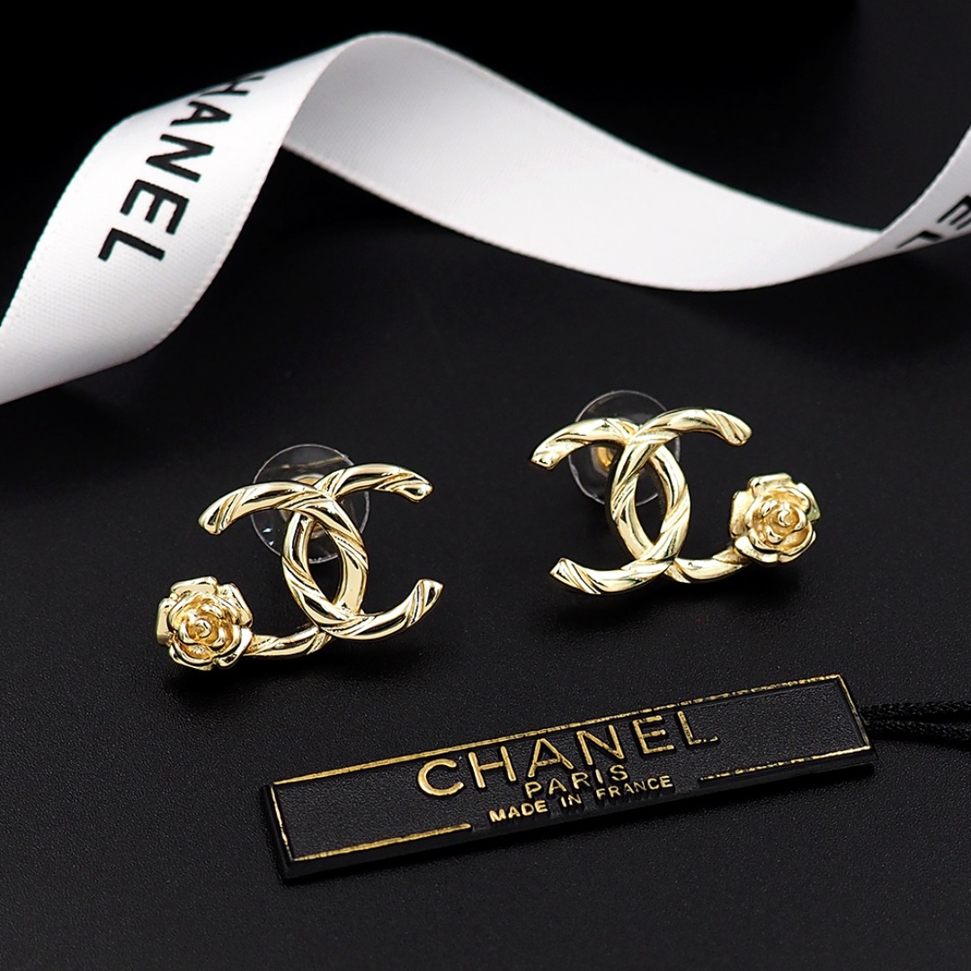 Ch**el CC Logo Earrings With Camellia Flower Detail Gold For Women