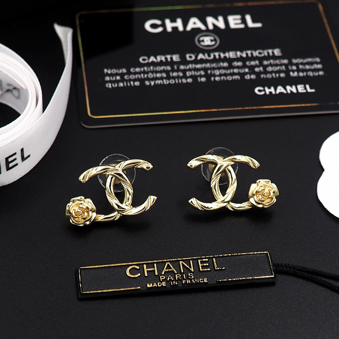 Ch**el CC Logo Earrings With Camellia Flower Detail Gold For Women