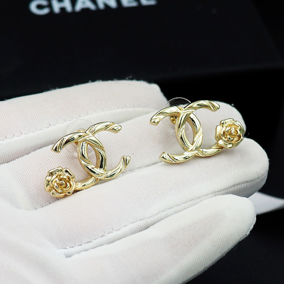 Ch**el CC Logo Earrings With Camellia Flower Detail Gold For Women