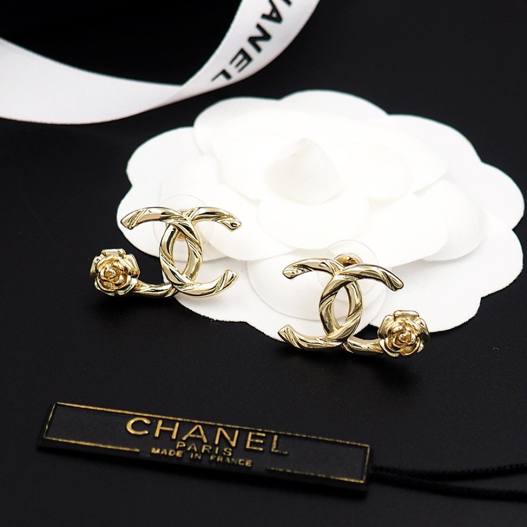 Ch**el CC Logo Earrings With Camellia Flower Detail Gold For Women