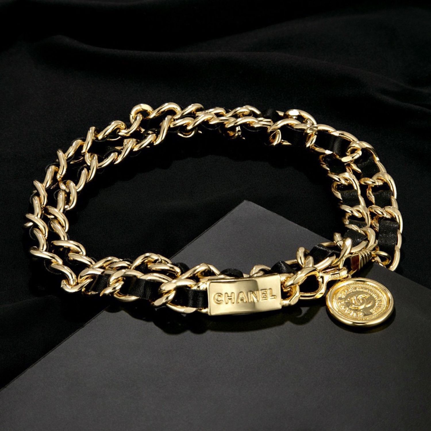 Ch**el Iconic Chain Link With Black Leather And Coin Charm For Women