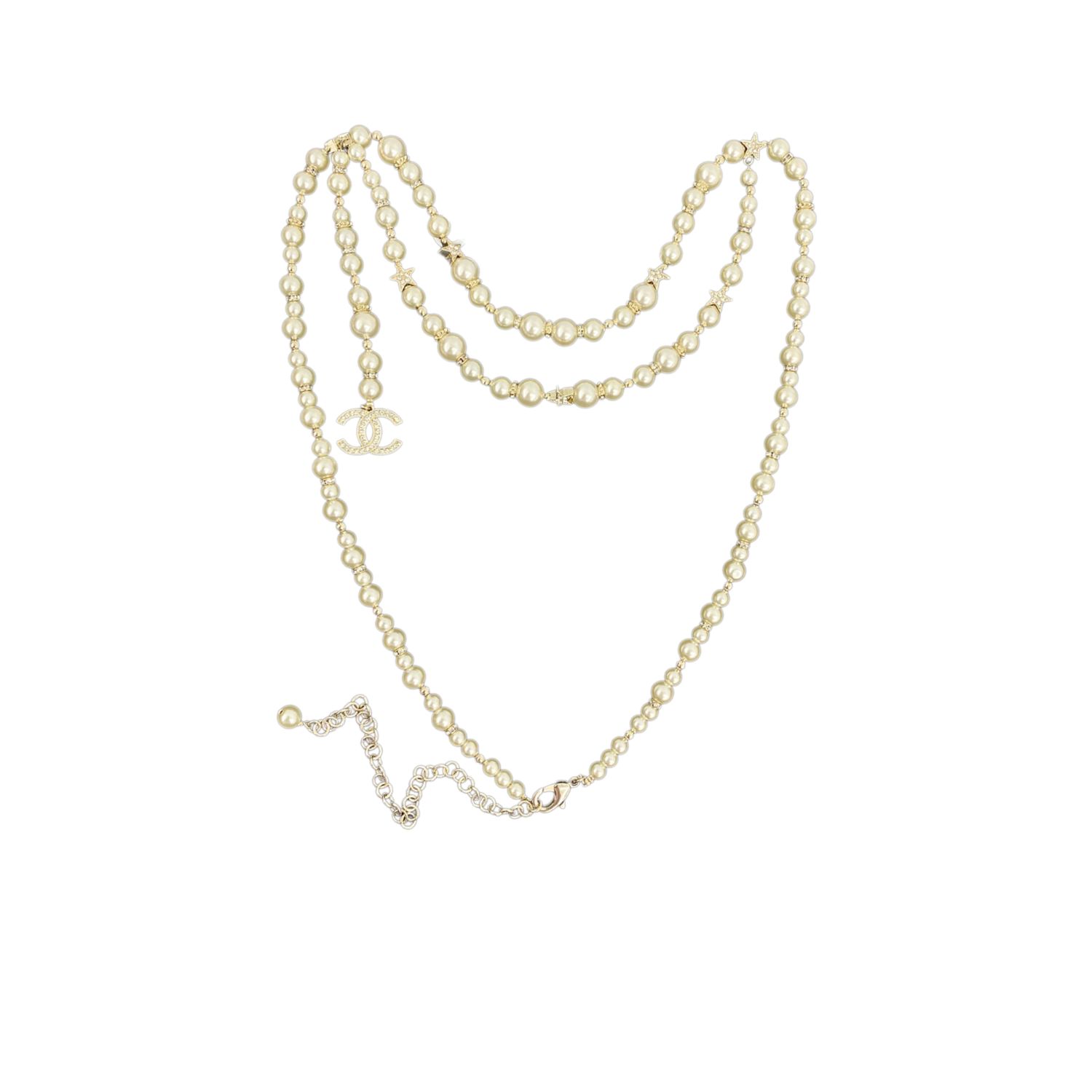 Ch**el Pearl Chain With Crystal Logo Charm Gold For Women