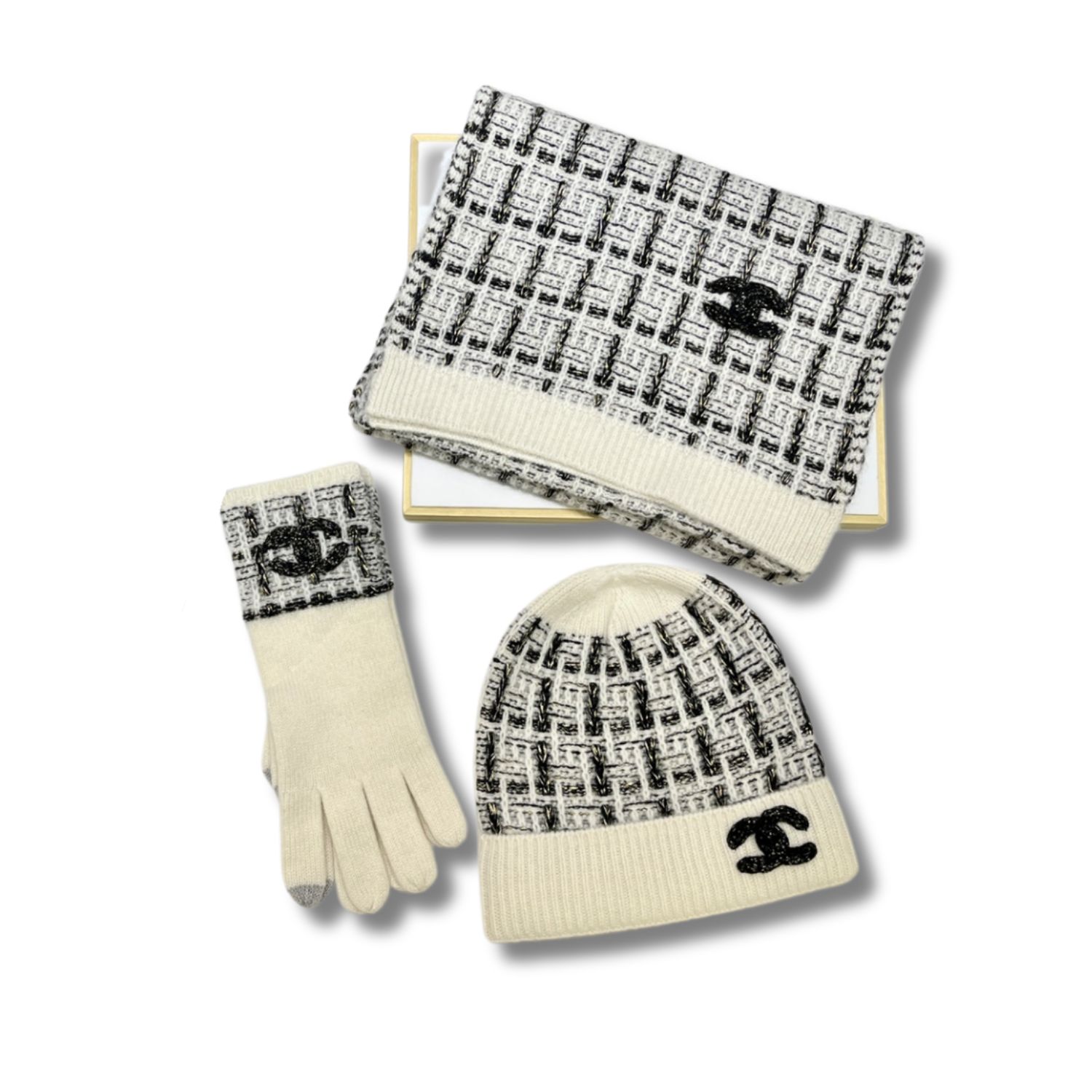 Ch**el Monochrome Winter Knit Set – Hat, Scarf And Gloves Black & White For Women