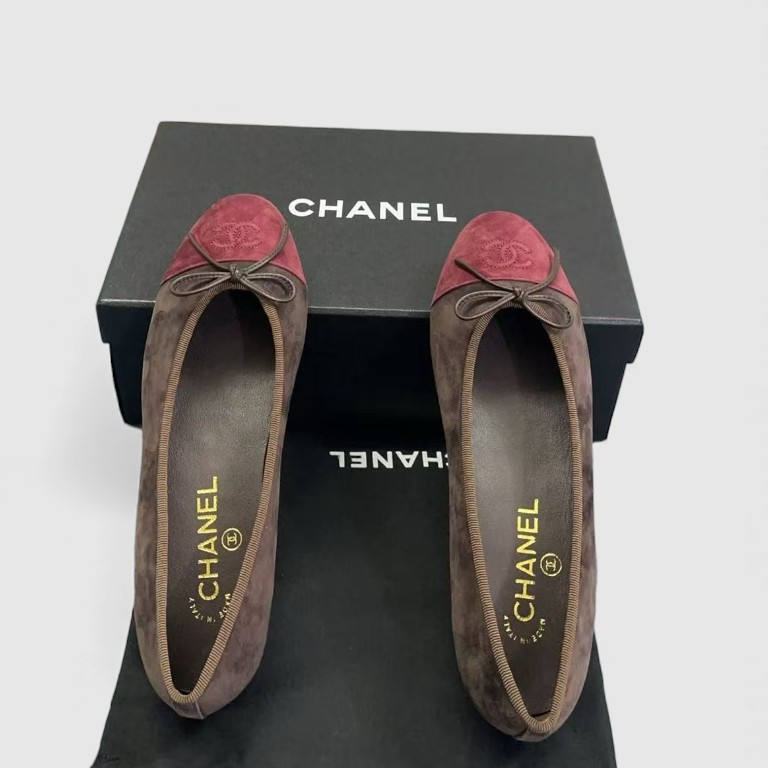 Ch**el Ballet Flats Suede Dark Brown/Burgundy For Women