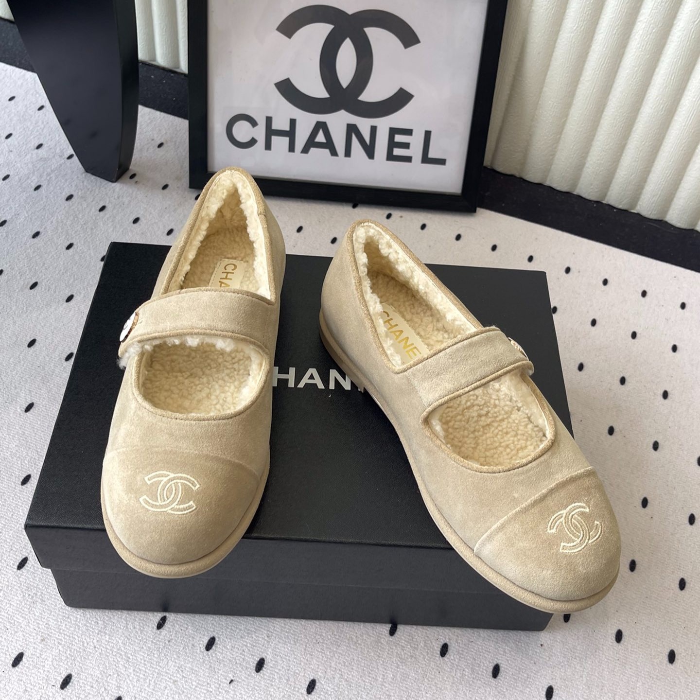 Ch**el Mary Jane Flats Beige Suede Shearling For Women