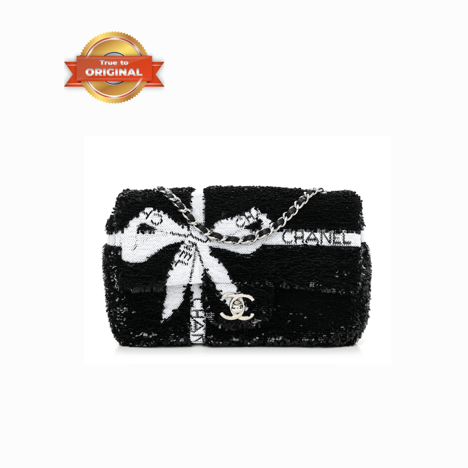 [True-to-ORIGINAL] Ch**el Sequin Bow Mini Flap Bag Black For Women 7.9in/20cm