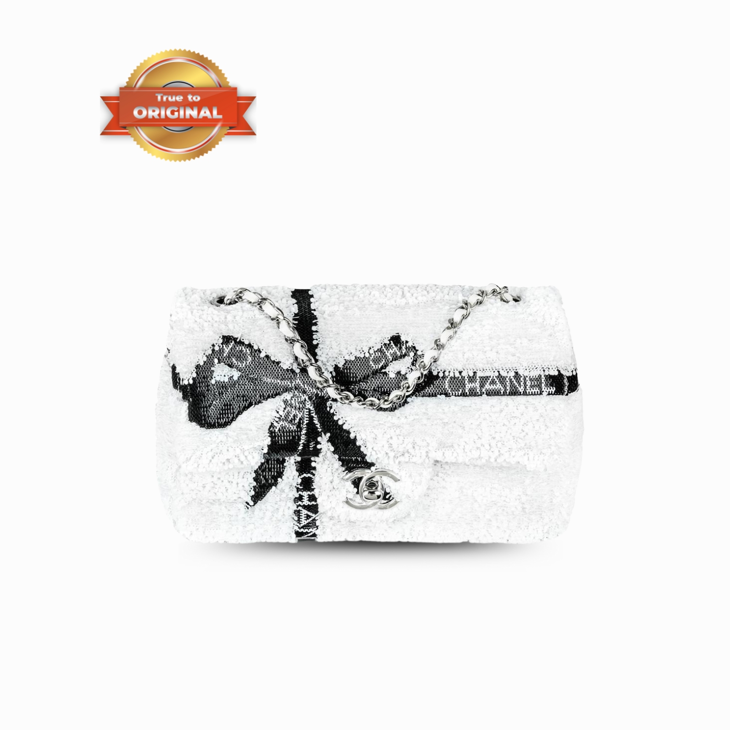 [True-to-ORIGINAL] Ch**el Sequin Bow Mini Flap Bag White For Women 7.9in/20cm