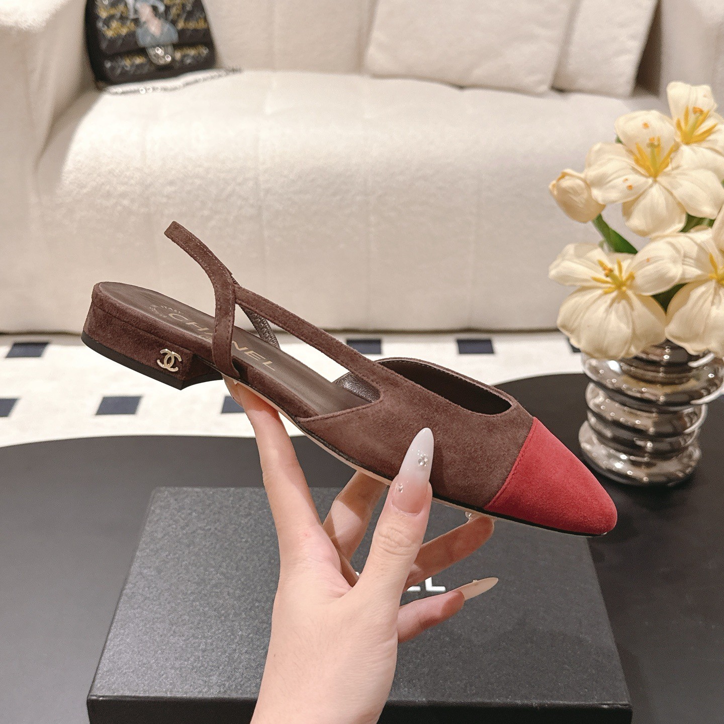 Ch**el Suede Two-Tone Slingback Flats Brown/Burgundy For Women
