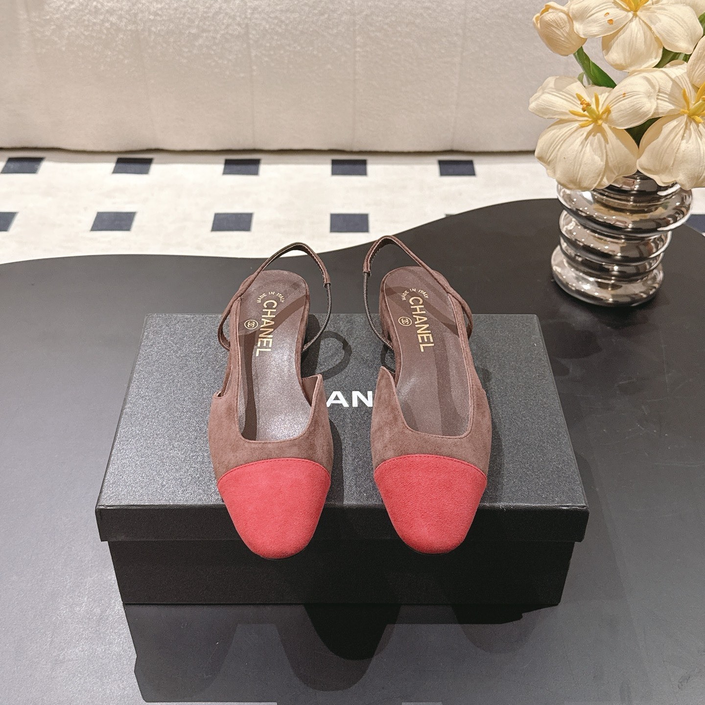 Ch**el Suede Two-Tone Slingback Flats Brown/Burgundy For Women