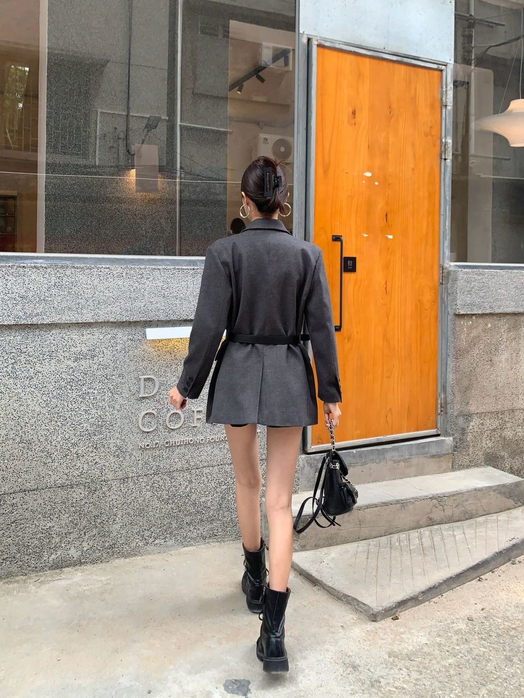 Pra*a Belted Tailored Blazer With Triangle Logo Grey For Women