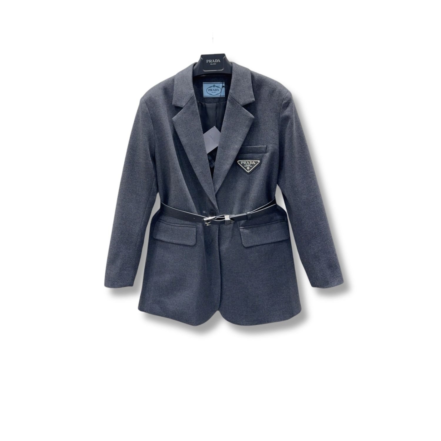 Pra*a Belted Tailored Blazer With Triangle Logo Grey For Women