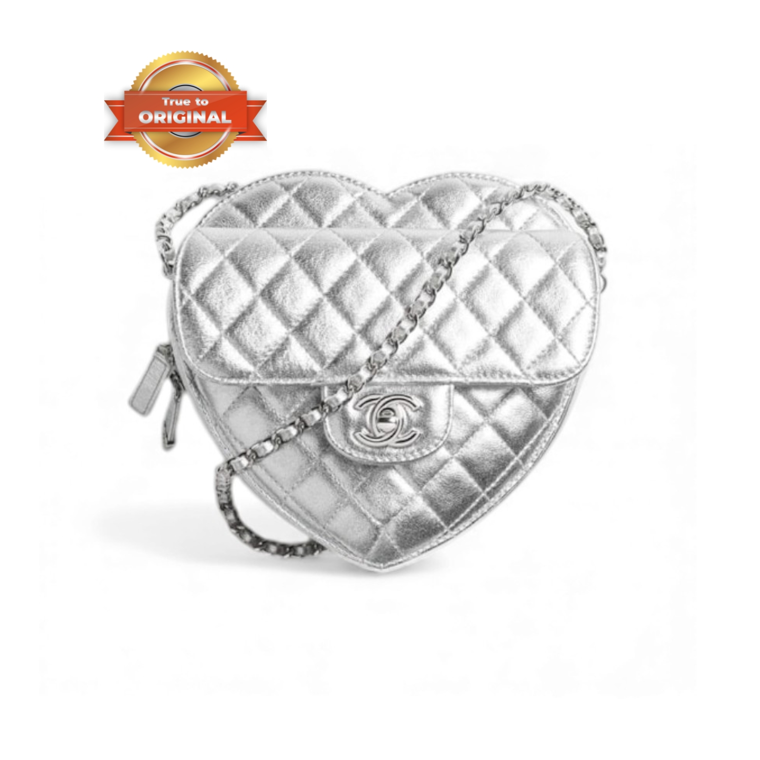 [True-to-ORIGINAL] Ch**el Heart Bag Silvery For Women 8.1in/18cm‎ AS5764-B21928-NF635