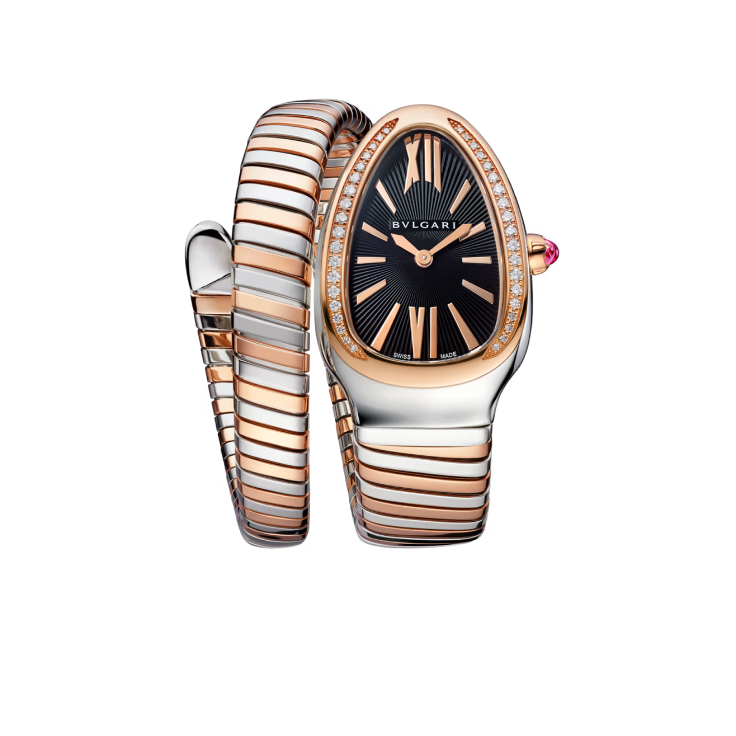 Bv1g*ai Serpenti Tubogas Watch Silver/Rose Gold Toned Black Dial 35mm For Women 103823
