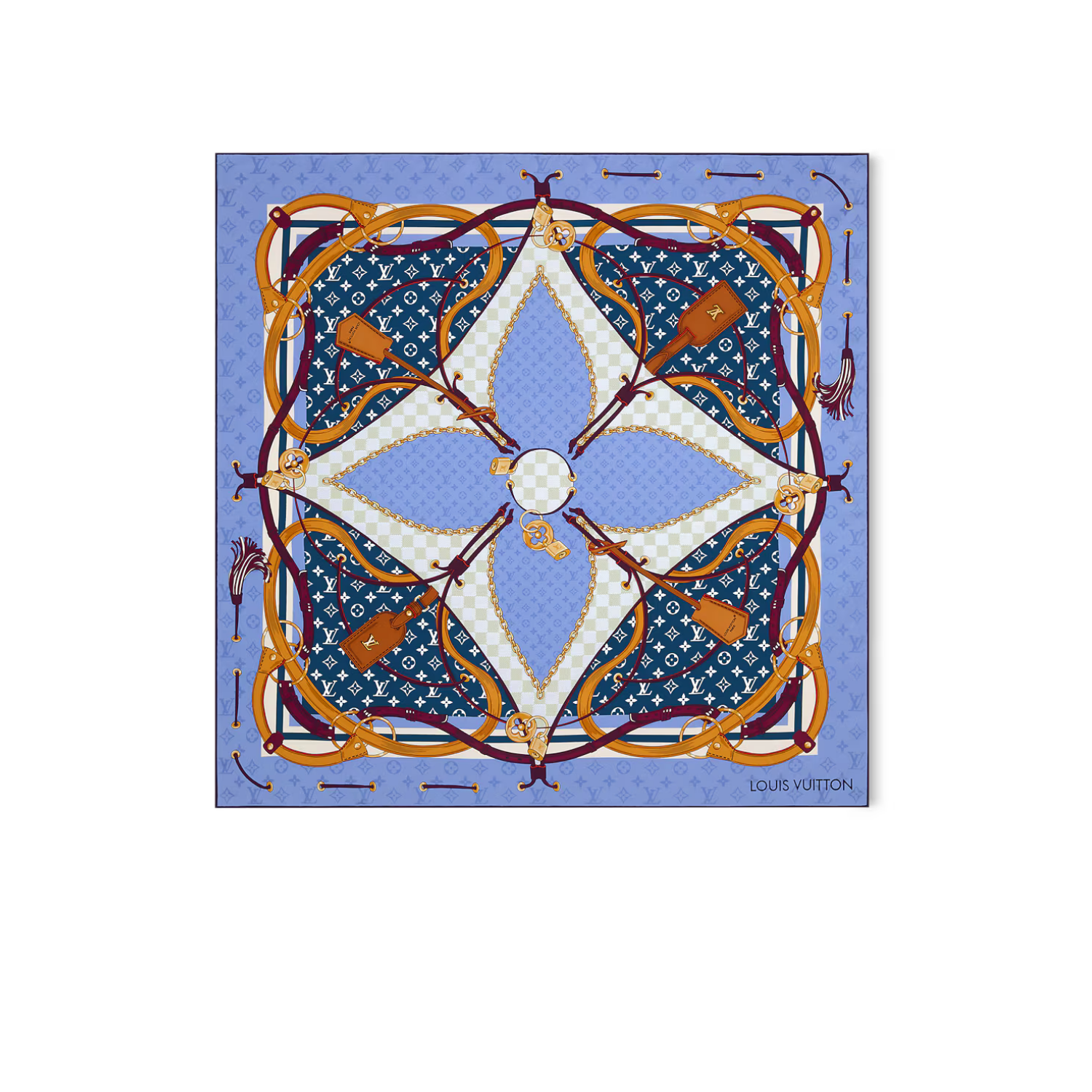 L0vis Vvtt0n Flower And Straps Square 90 Scarf Blue Denim For Women M94977