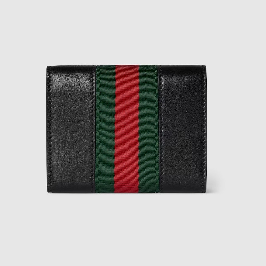 Gvc*1 Horsebit Web Small Tri-fold Wallet 3.9in/ 10cm Black Gold Hardware ‎For Women 867131 AAGF7 1053