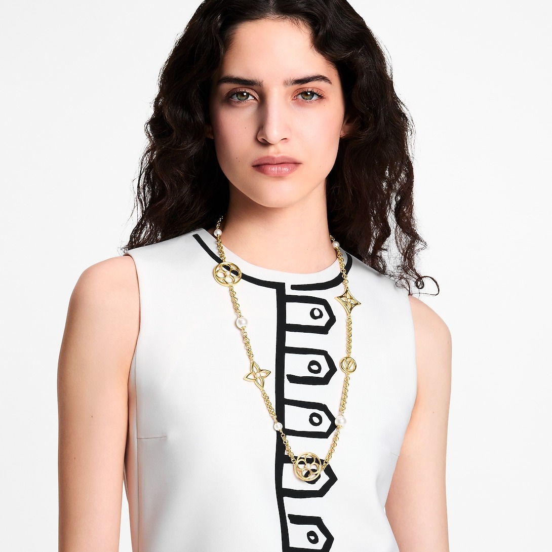 L0vis Vvtt0n Pearly Flower Sautoir Necklace White Gold Hardware For Women M03499