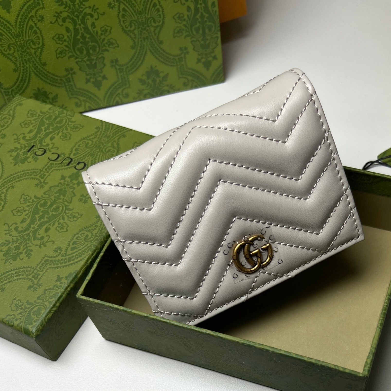 Gvc*1 GG Marmont Card Case Wallet Light Grey For 4.5in/11cm Women 466492 DTDHT 1712