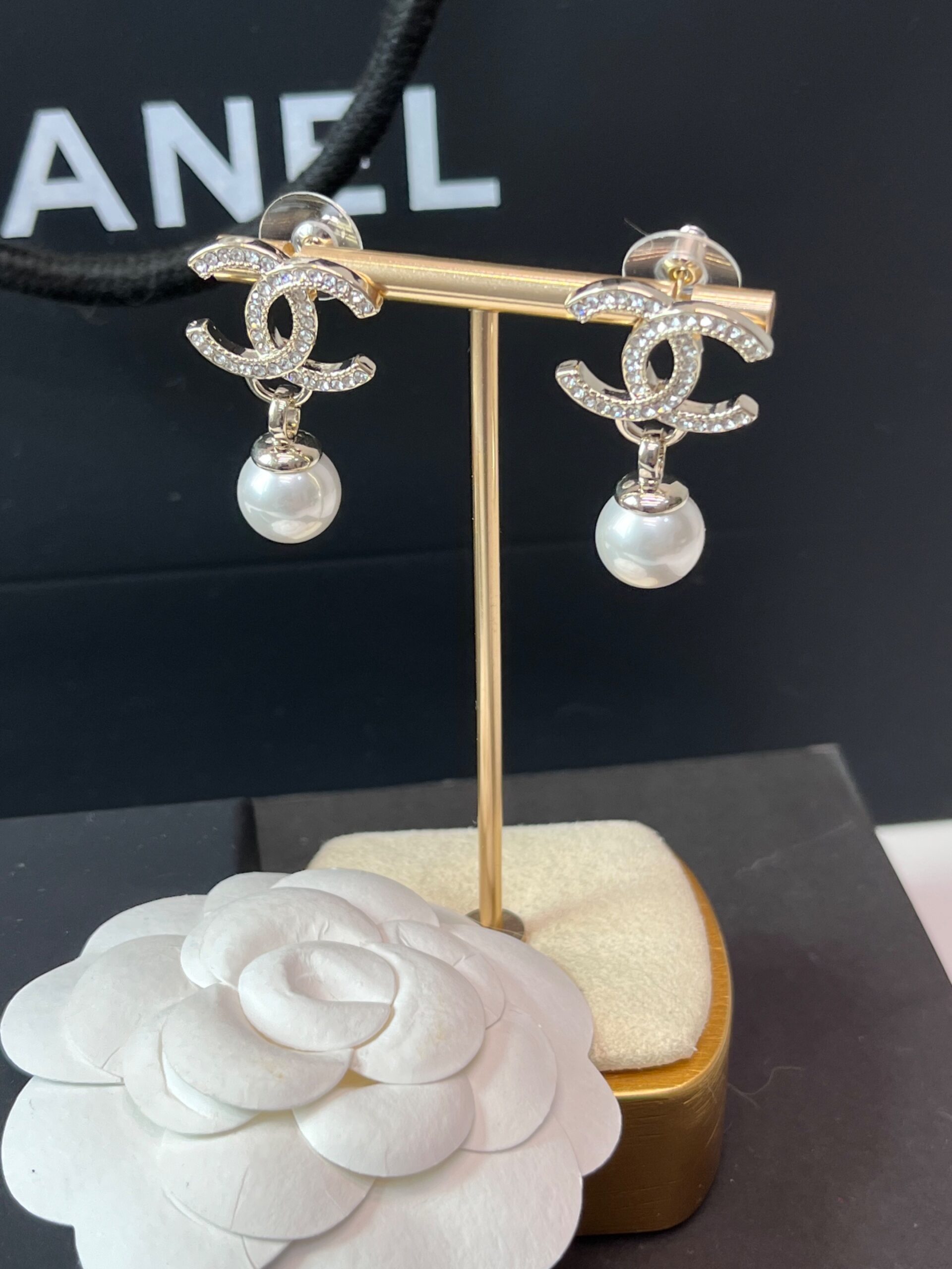 Ch**el Shaped Pearl Letter Earrings Light Rose Gold For Women