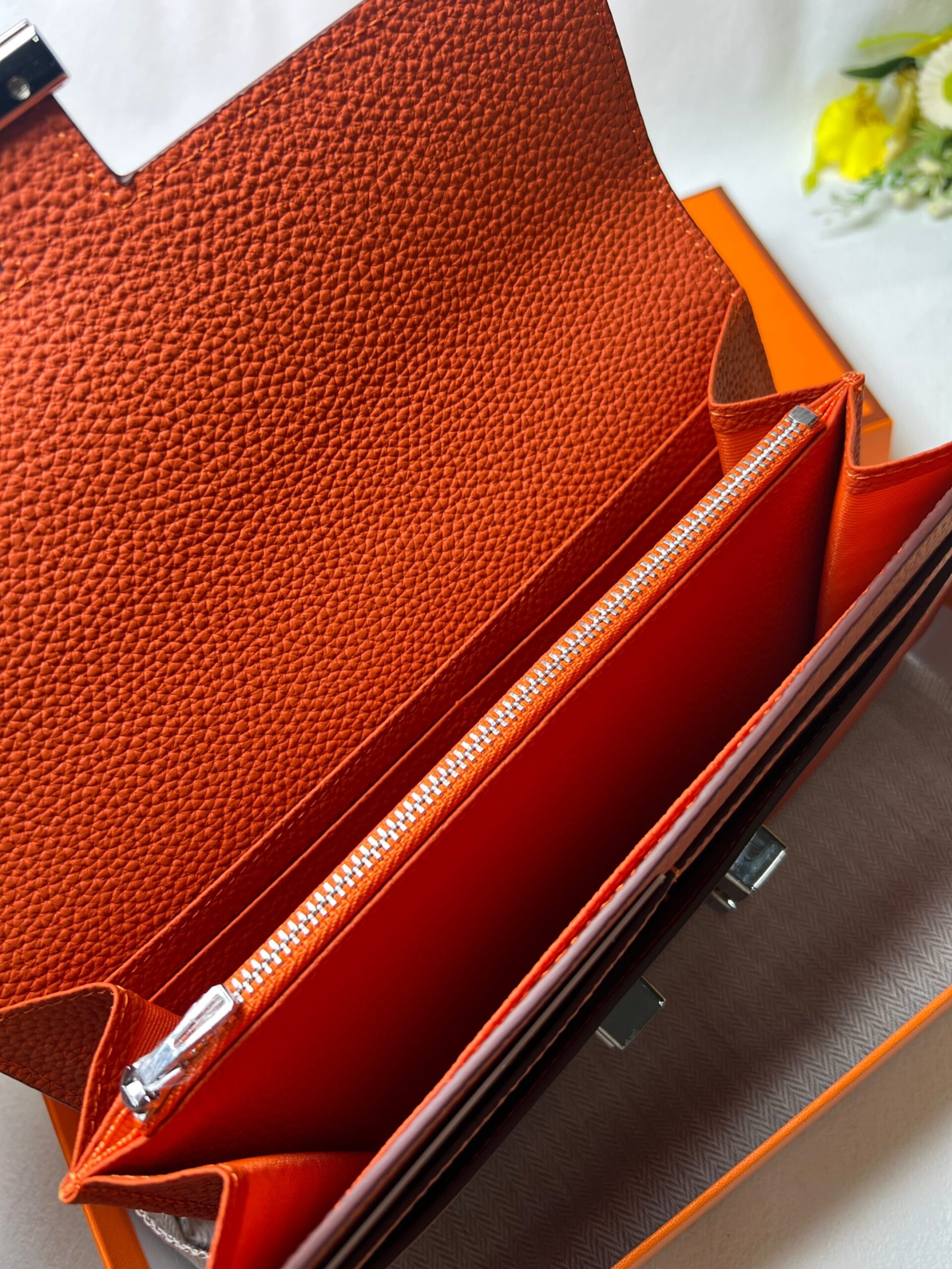 H**me5 Constance Togo Long Wallet 20cm/7.9in Silver Toned Hardware For Women Orange