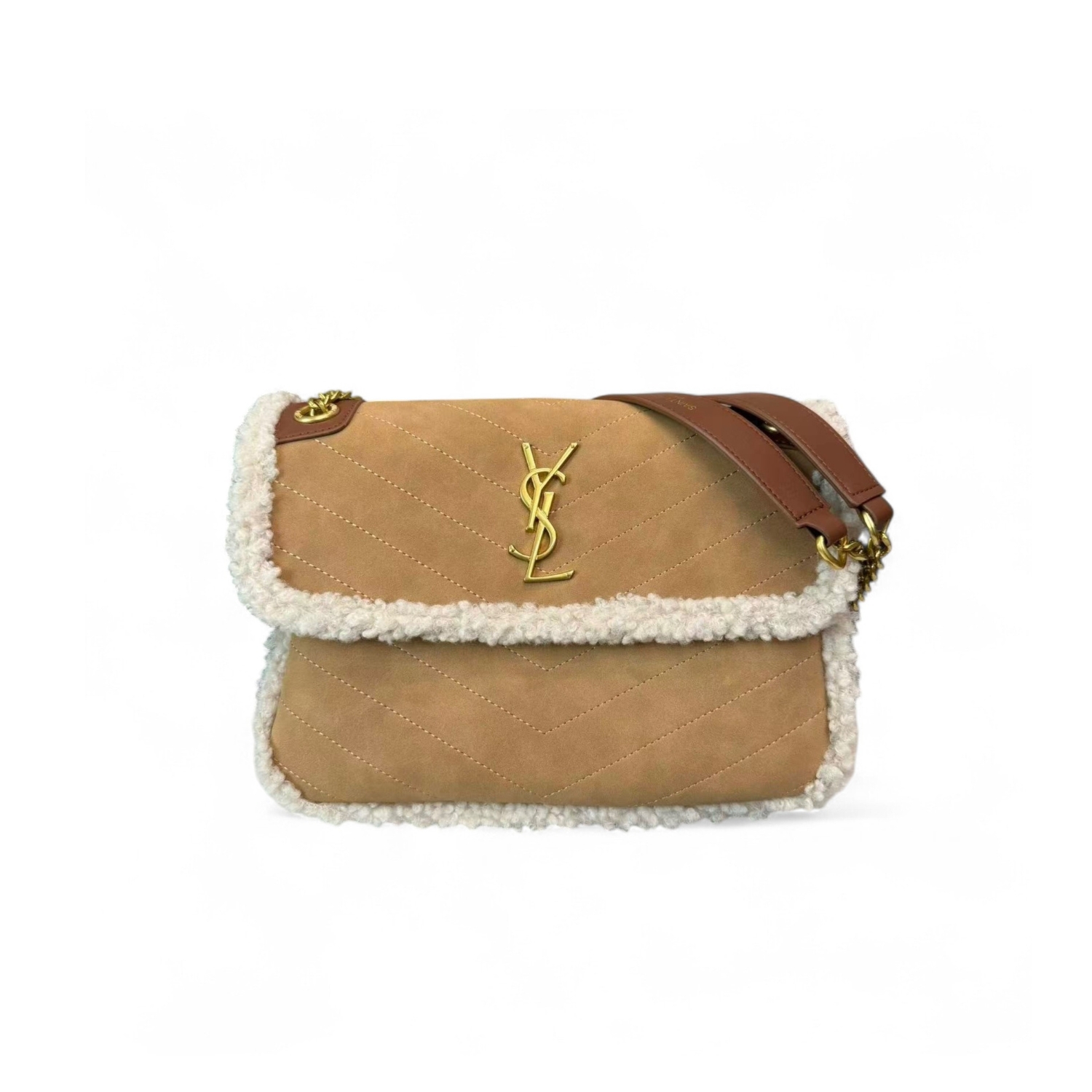 Sa1nt Lau*nt Taupe Shearling Medium Niki Bag Brown For Women, Women’s Bags 8.66in/22cm Y51‎