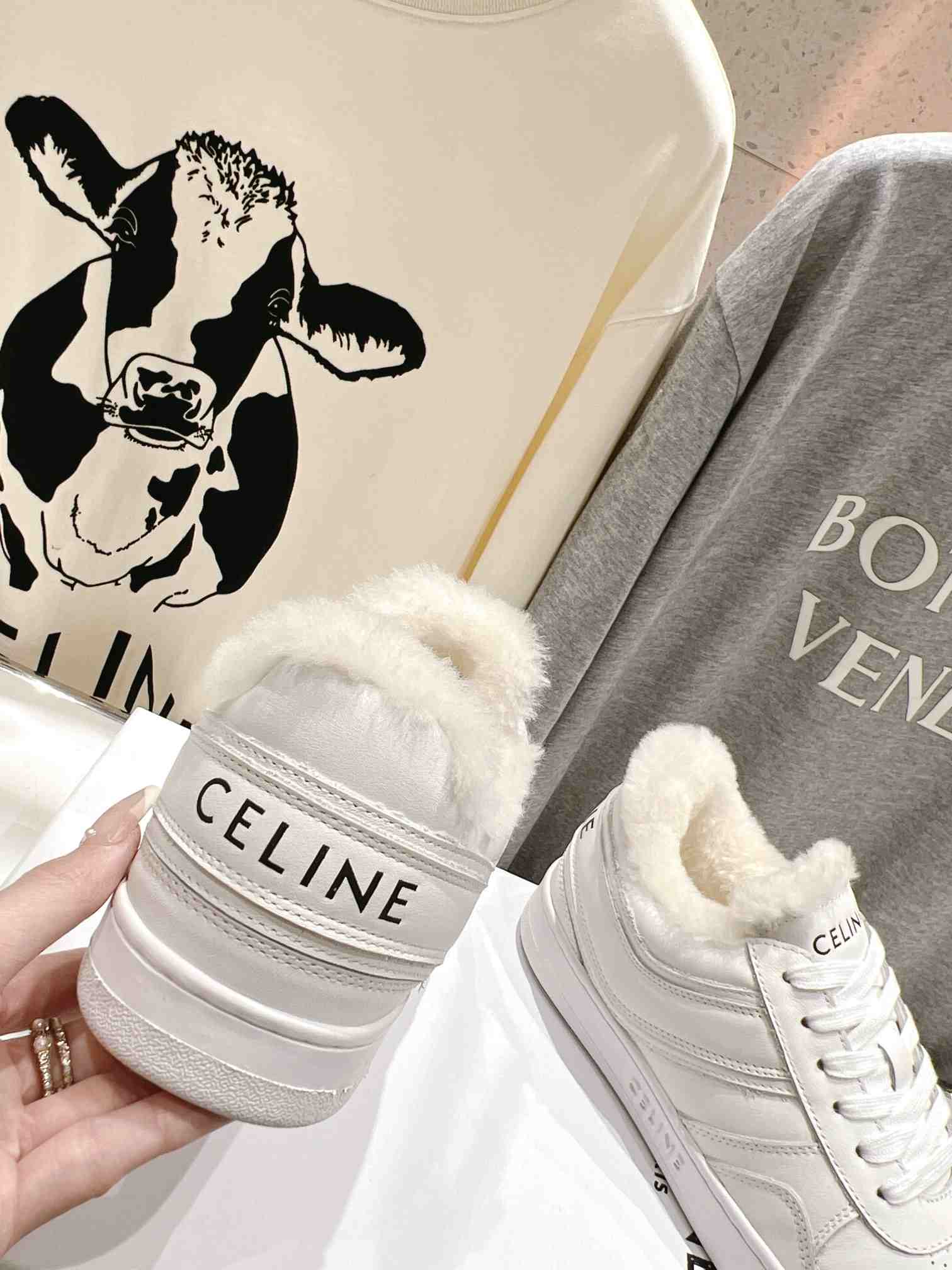 Ce1i*e Trainer Low Lace-Up Sneaker In Fur White For Women