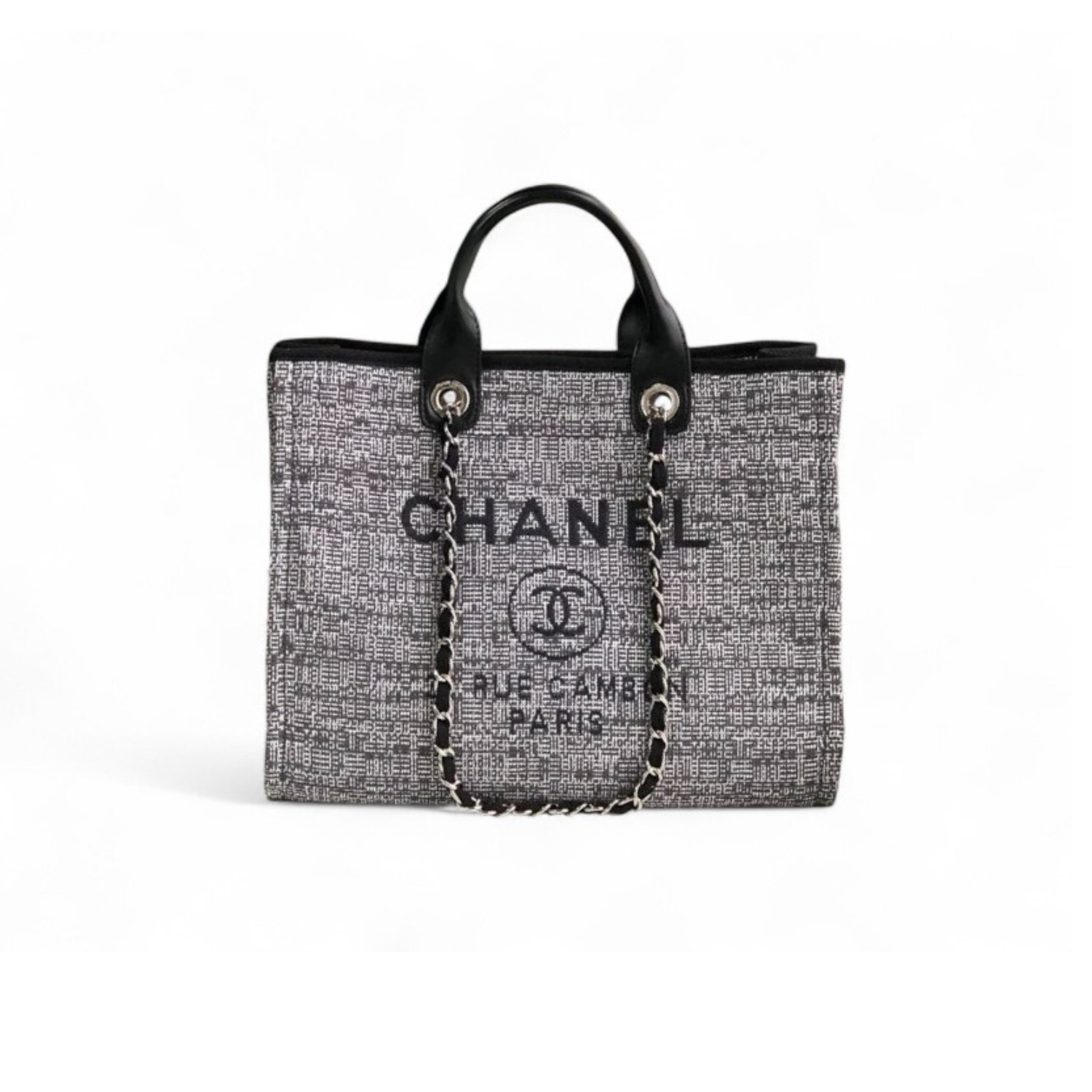 Ch**el Deauville Tote Raffia Canvas Bag Black/White For Women 14.9in/38cm