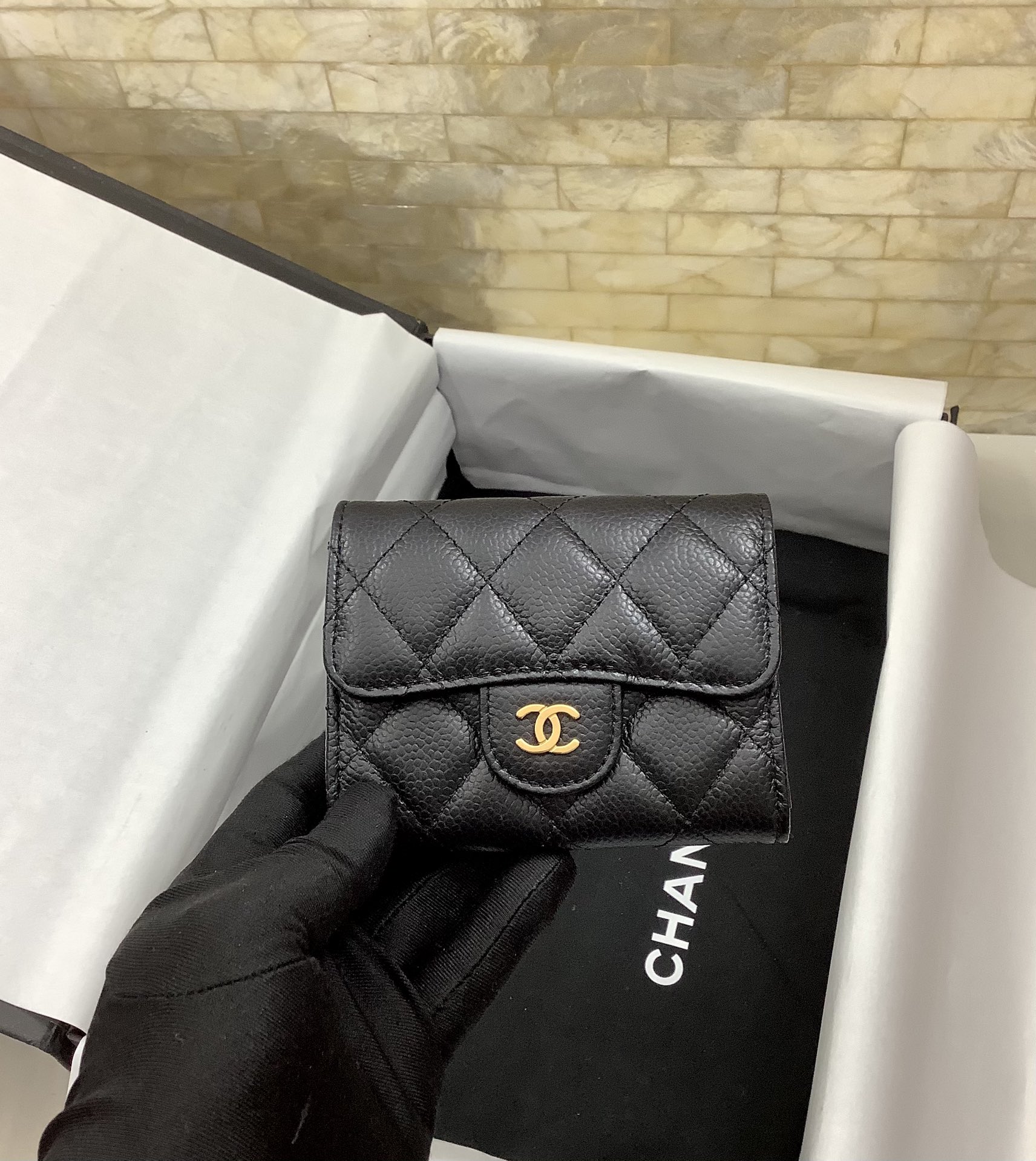 Ch**el CO-CO Classic Card Holder Black Gold Hardware For Women 11cm/4.4in