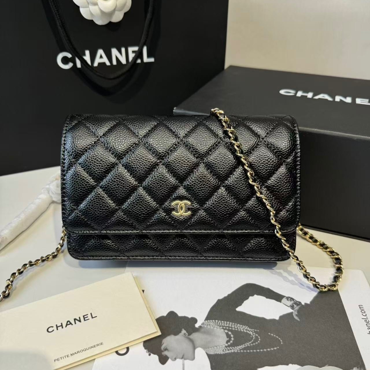 Ch**el CO-CO Classic Wallet On Chain 19cm/7.5in Gold Toned Hardware For Women Black