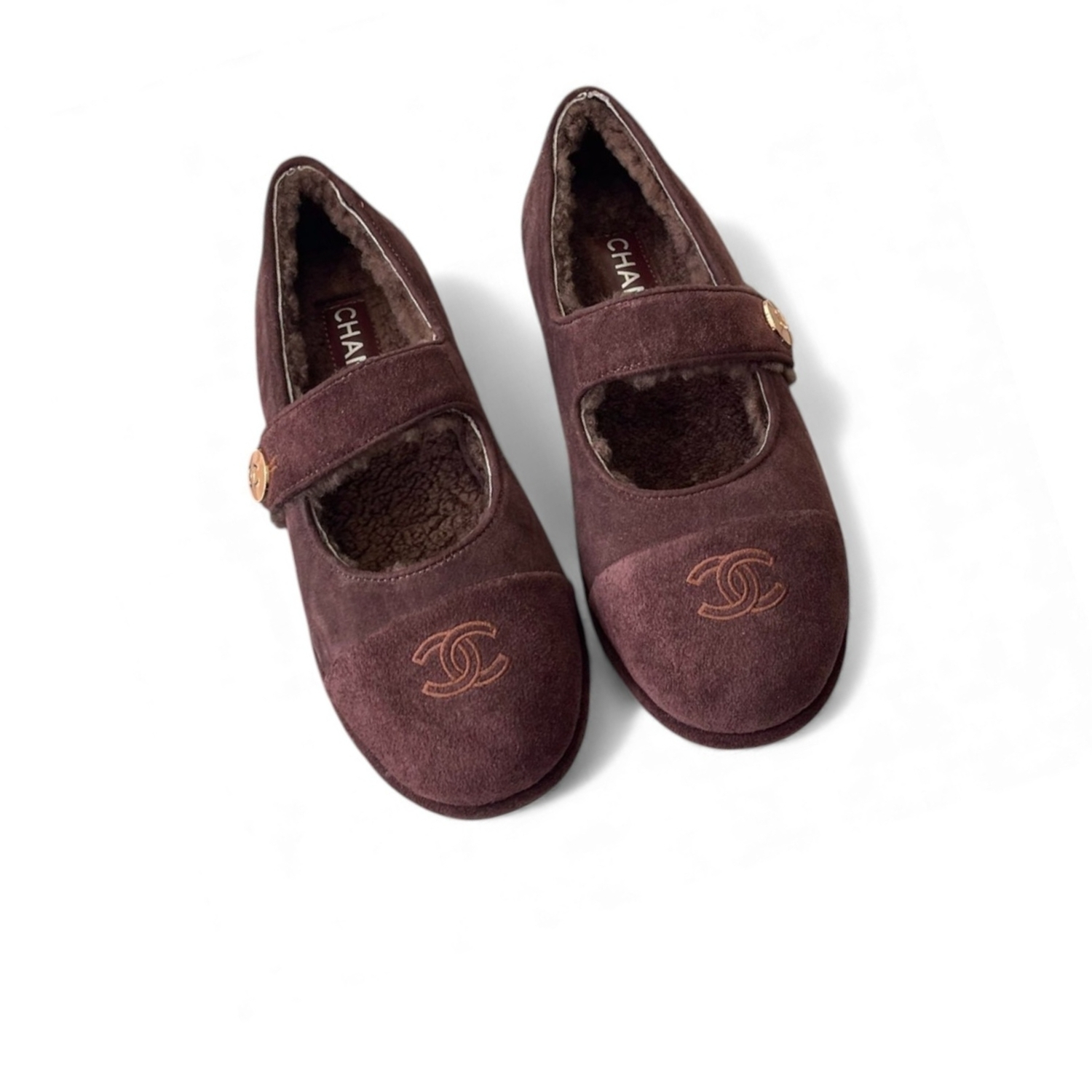 Ch**el Mary Jane Flats Burgundy Suede Shearling For Women