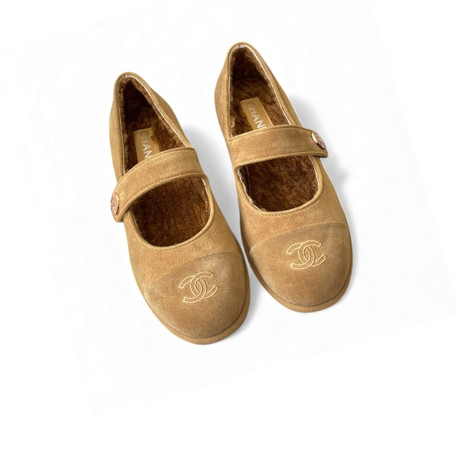 Ch**el Mary Jane Flats Tan Suede Shearling For Women