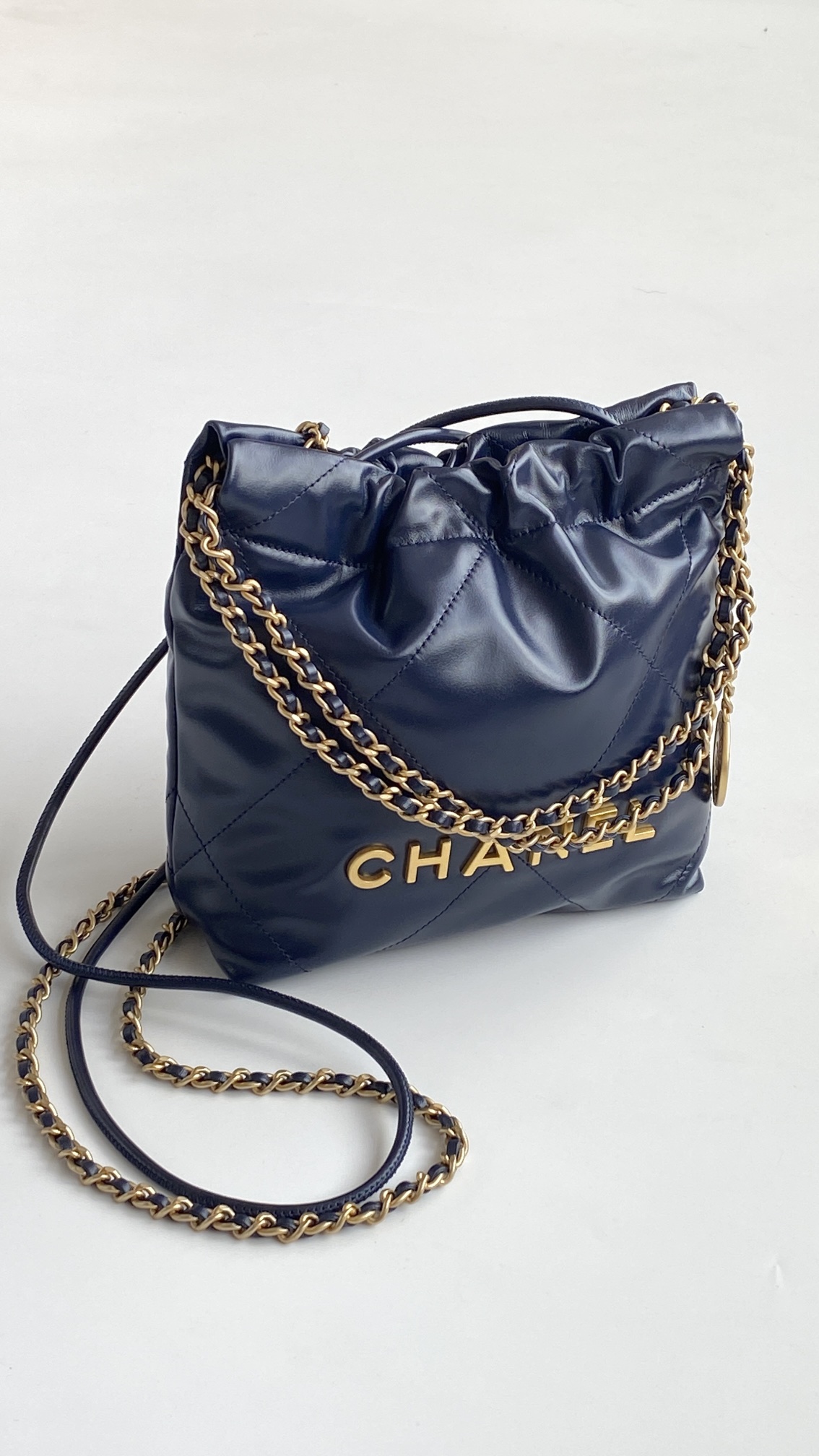 [True-to-ORIGINAL] Ch**el 22 Mini Bag Gold Tone Navy Blue For Women 7.5in/19cm