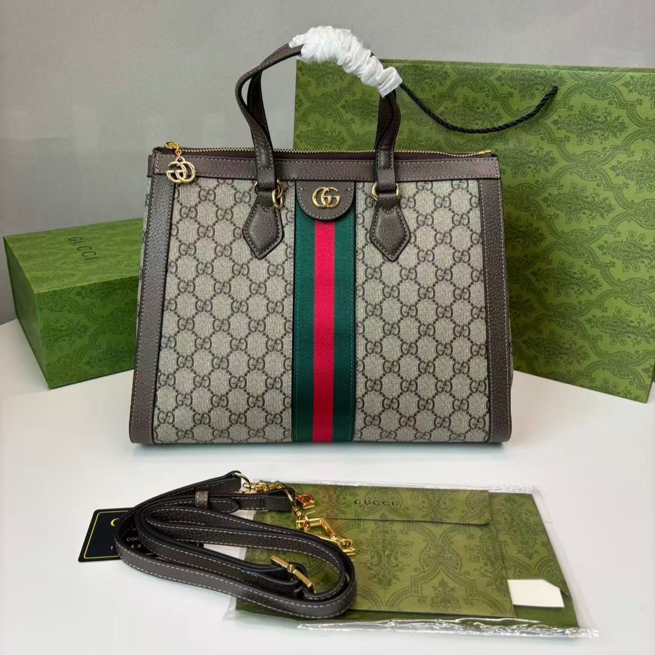 Gvc*1 Ophidia GG Medium Tote Bag Beige/Ebony GG Svp*me Canvas With Brown For Women 13in/33cm GG 524537 K05NB 8745