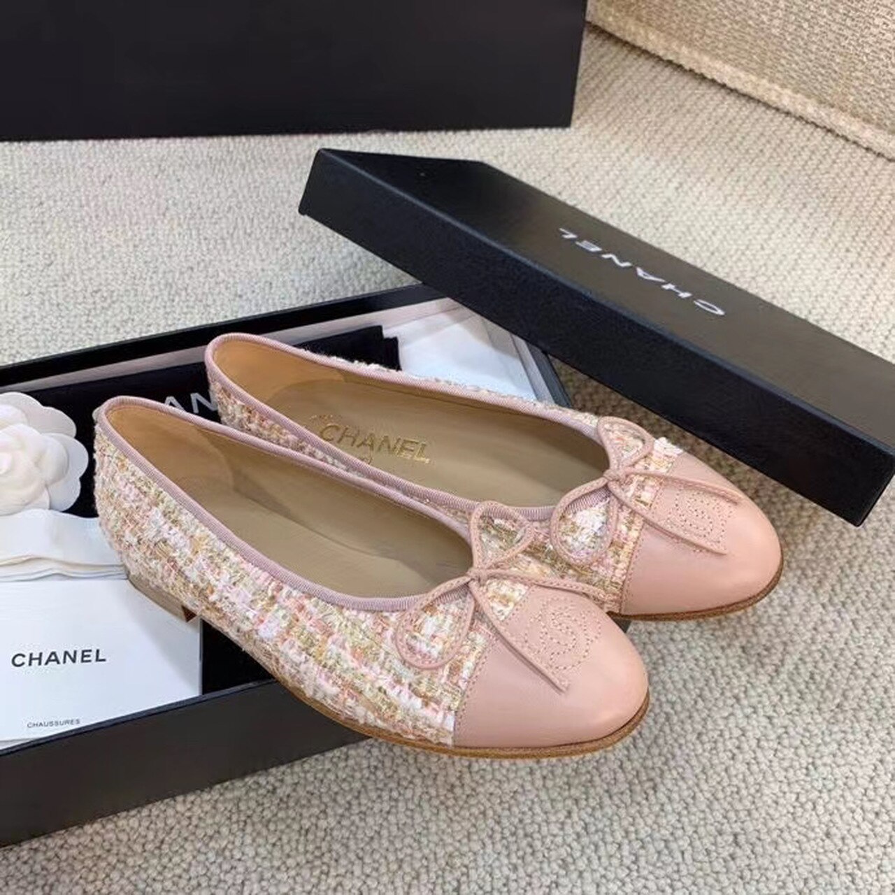 Ch**el Ballerina Flats Tweed and Grosgrain Light Pink For Women, Women’s Shoes G02819