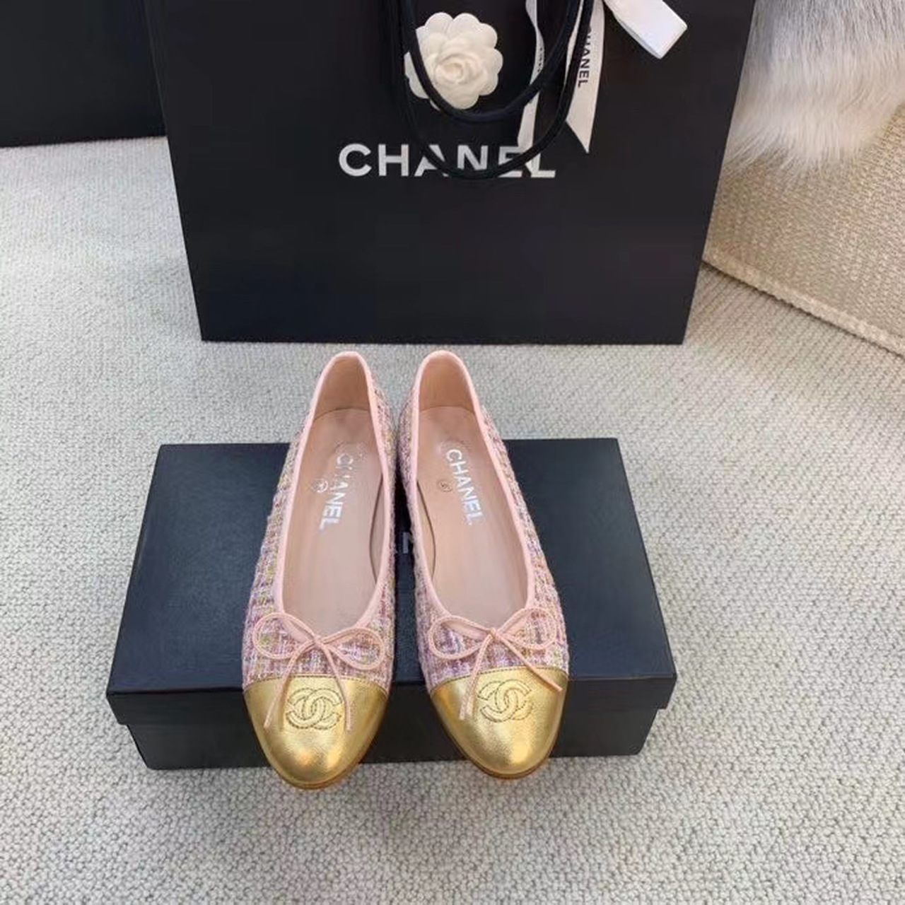 Ch**el Ballerina Flats Tweed and Grosgrain Pink/Gold For Women, Women’s Shoes G02819