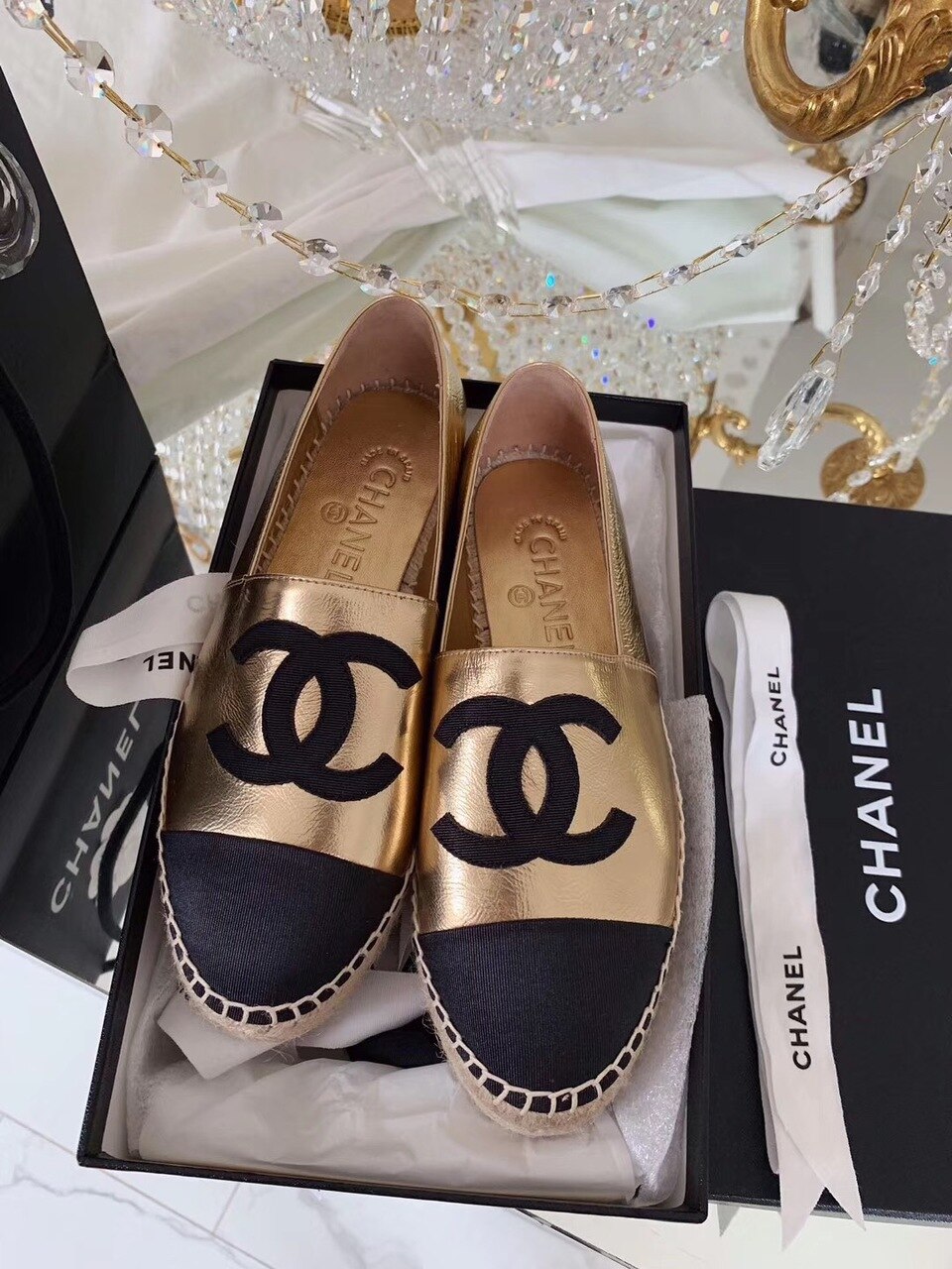 Ch**el Espadrilles Rose Gold/Black For Women, Women’s Shoes G29762