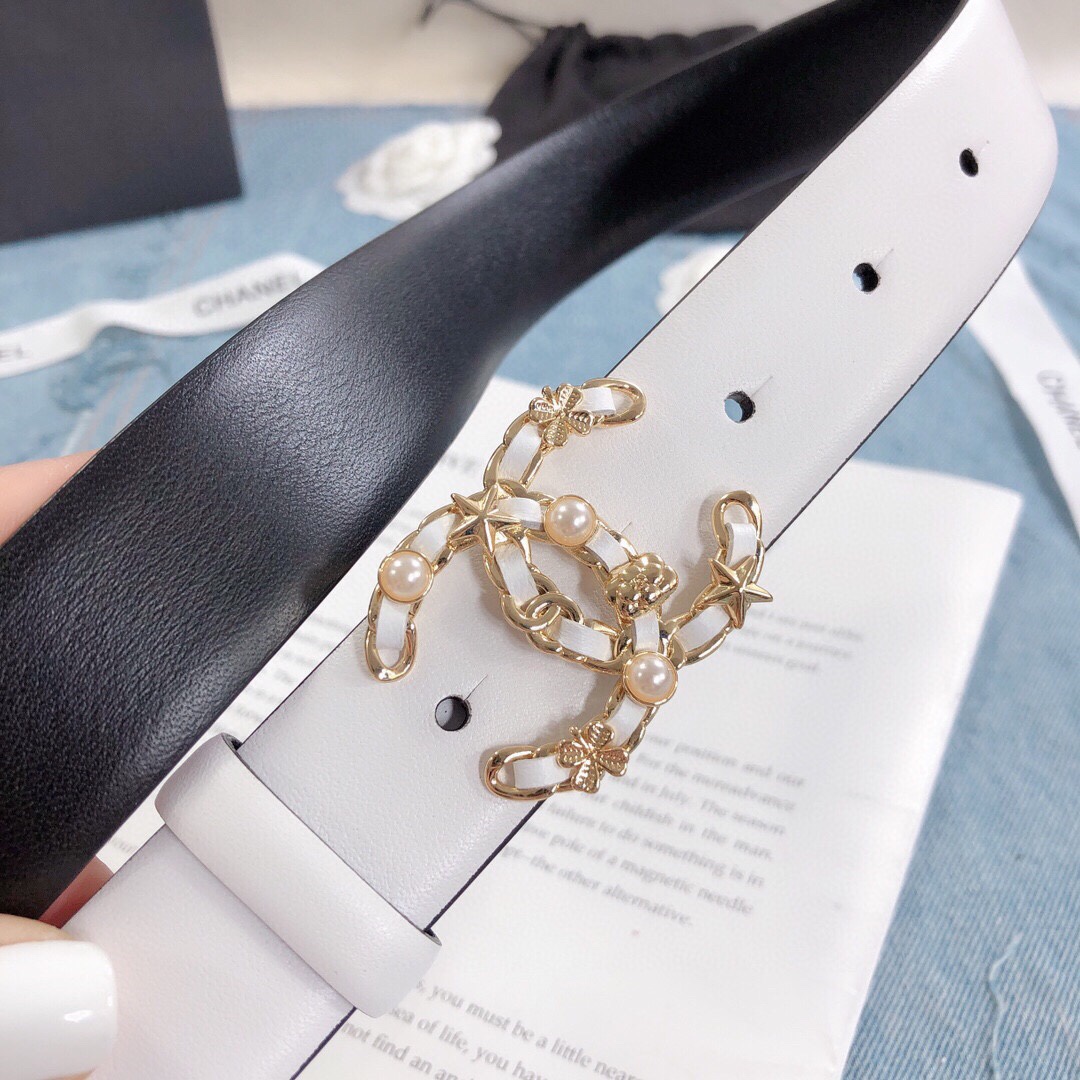 Ch**el Belt With Double C Buckle White Gold Toned Hardware Women Belt