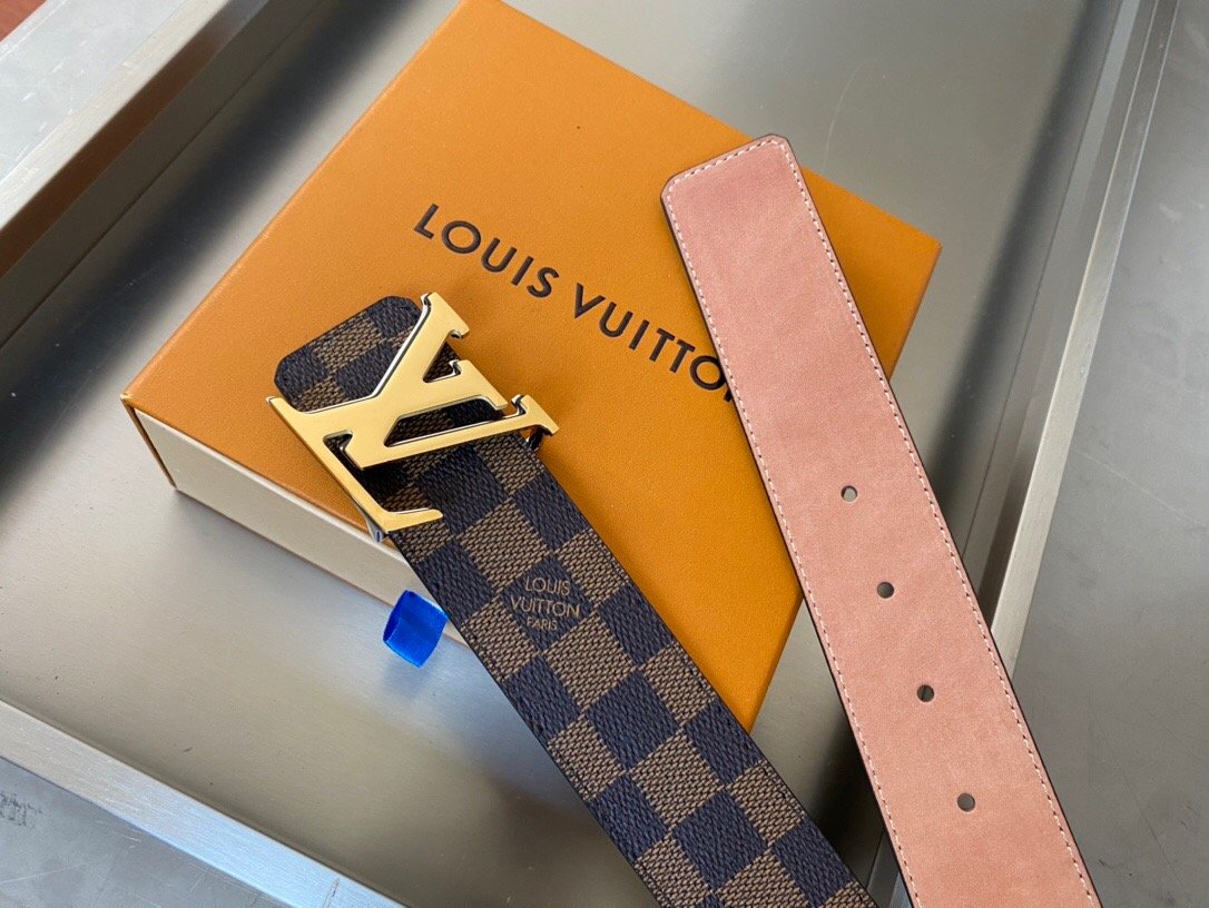 L0vis Vvtt0n Initiales Reversible LV Belt with Damier Ebene Canvas Gold Toned Hardware