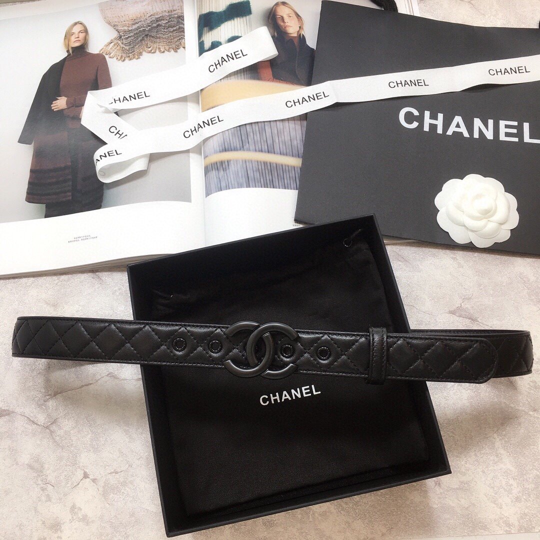 Ch**el Belt Quilted With Double C Buckle Black With Black Hardware Women Belt