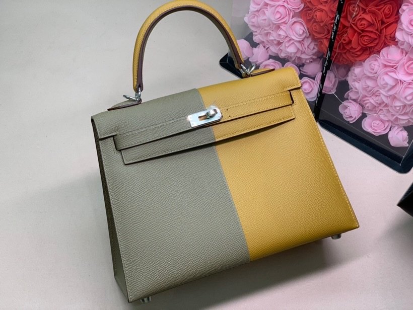 H**me5 Kelly 28 Sellier Epsom Bag Grey/Yellow For Women, Women’s Handbags, Shoulder Bags 11in/28cm