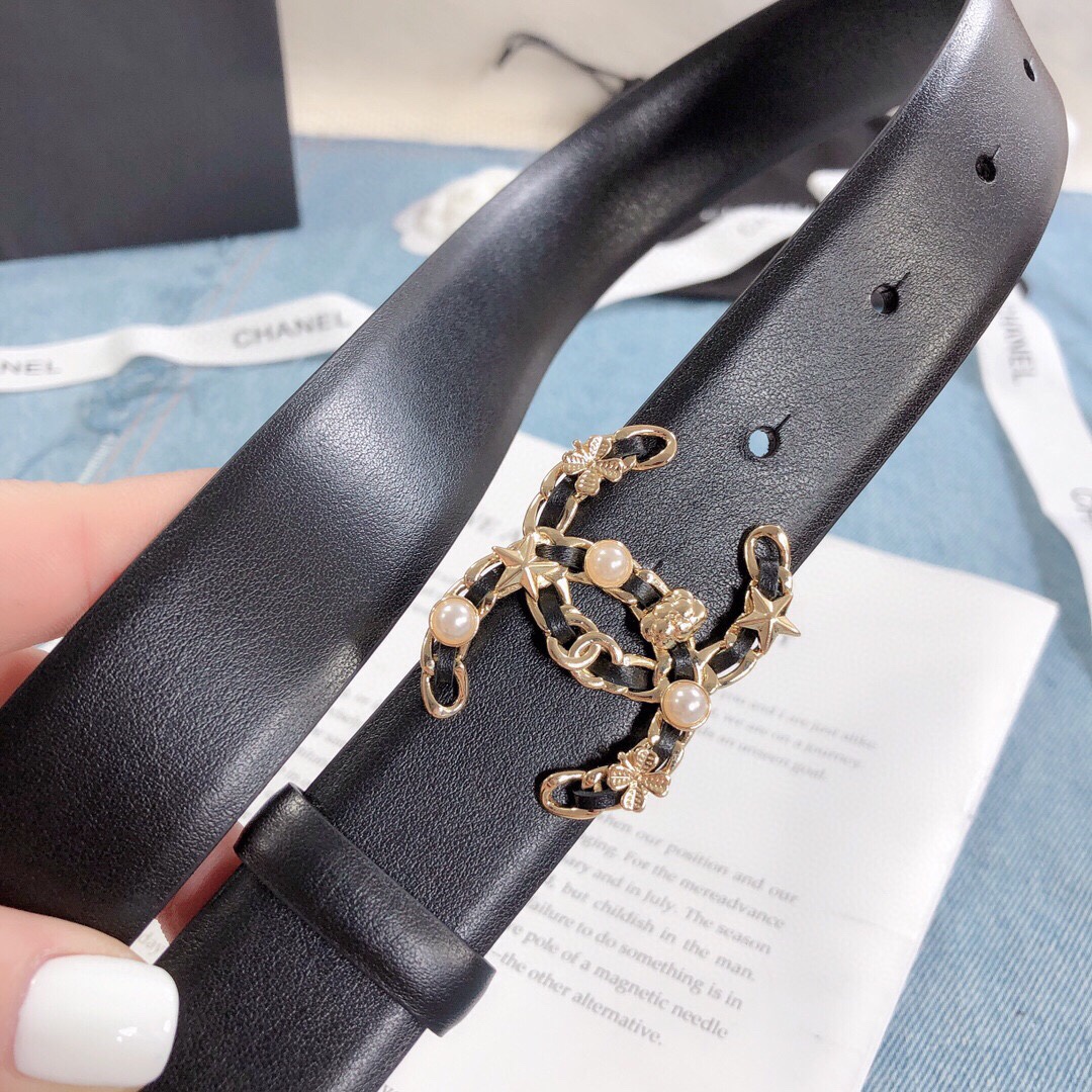 Ch**el Belt With Double C Buckle Black Gold Toned Hardware Women Belt