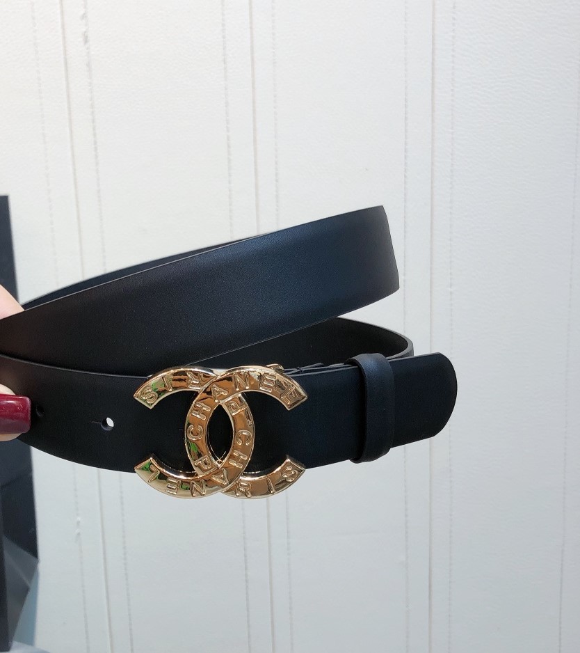 Ch**el Belt With Double C Buckle Black With Full Gold Toned Hardware Women Belt