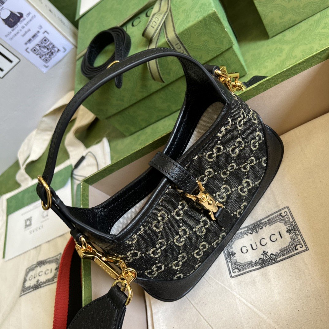 Gvc*1 Jackie 1961 Mini Shoulder Bag Black And Ivory GG Denim Jacquard For Women 7.5in/19cm GG 685127 UN3AG 1294