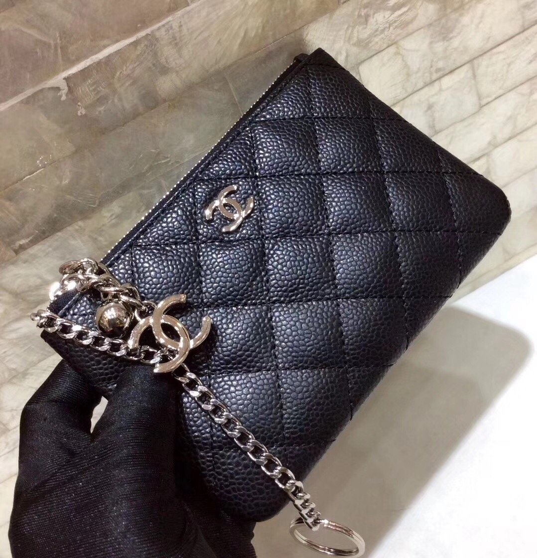 Ch**el CO-CO Classic Mini Pouch Wallet 14cm/5.5in Silver Toned Hardware For Women Black